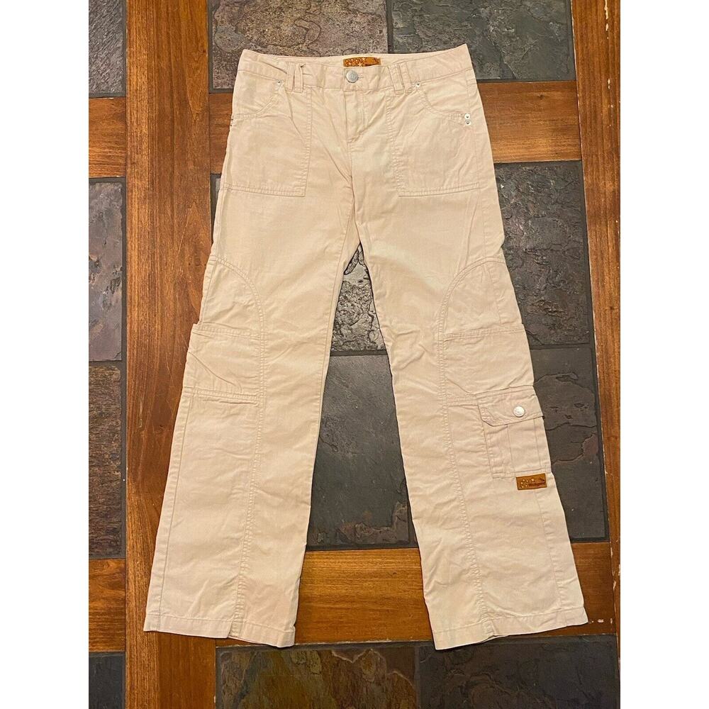 Vtg Kik Girl Y2K Wide Leg Baggy Cargo Rave Pants Light Khaki Cream Size 5